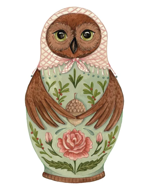 Folk art owl nesting doll with floral patterns, painted by Fox and Fables