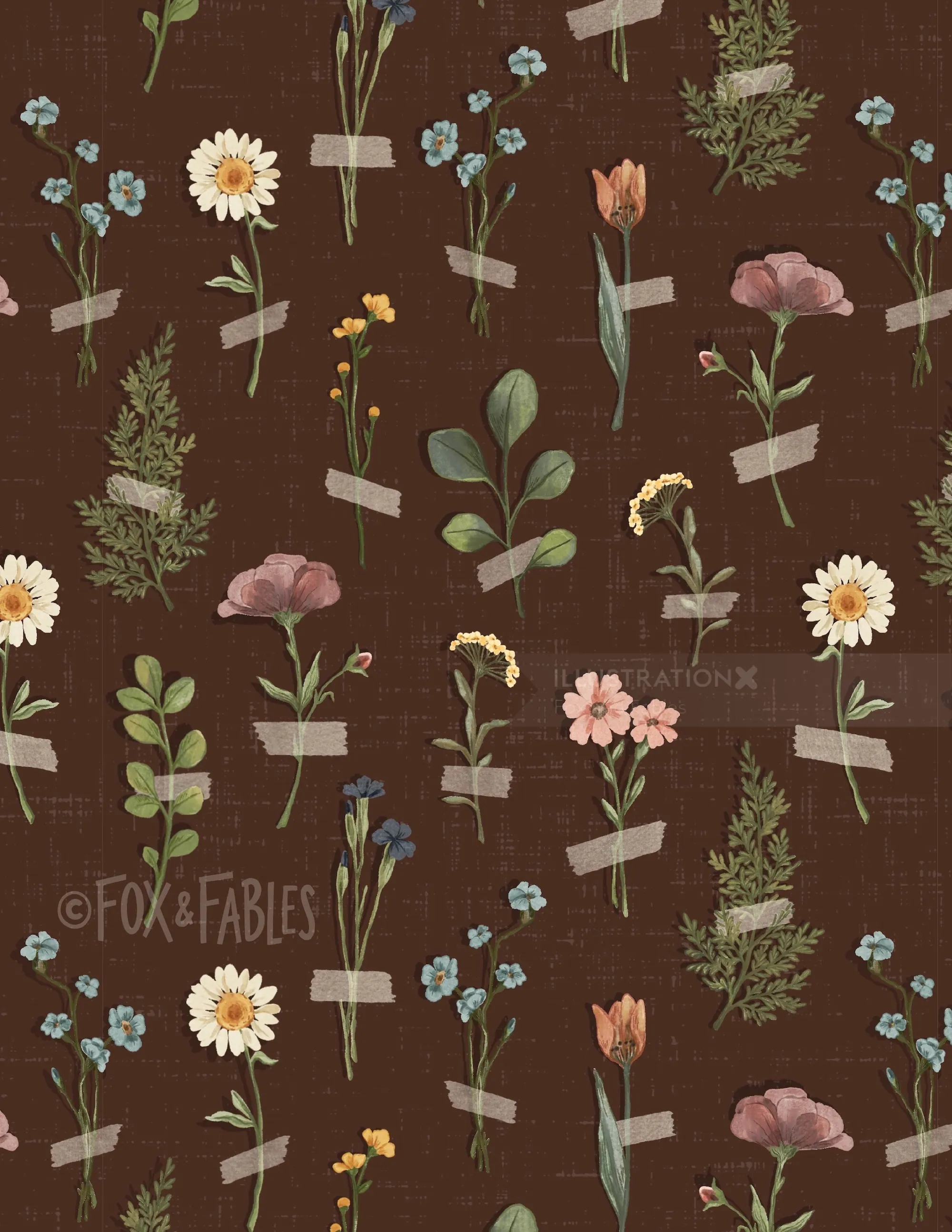 Pressed wildflowers taped on brown paper background by Fox and Fables