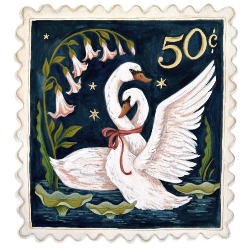 Hand painted swan stamp with flowers and gold foil by Fox and Fables