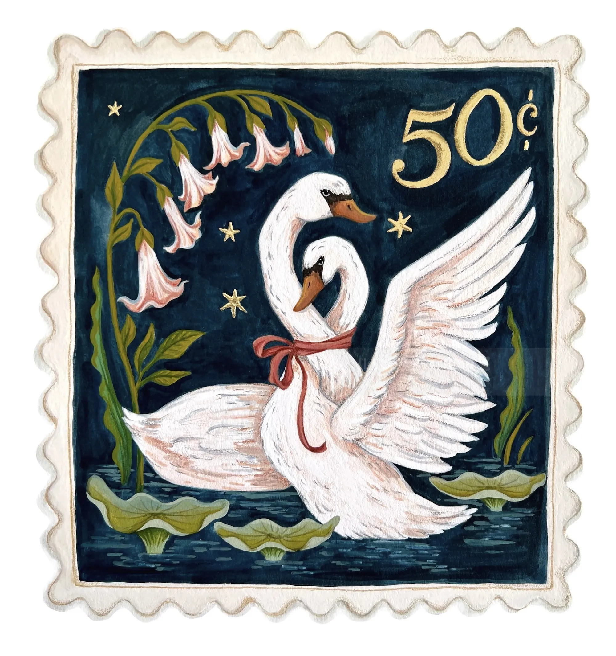 Hand painted swan stamp with flowers and gold foil by Fox and Fables