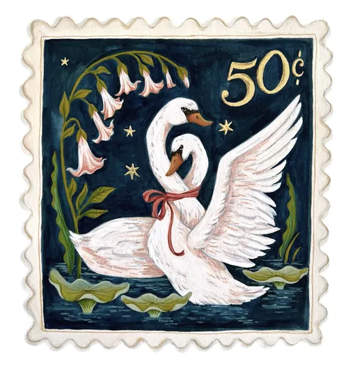 Hand painted swan stamp with flowers and gold foil by Fox and Fables