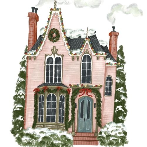 Victorian house with holiday decorations and snow by Fox and Fables