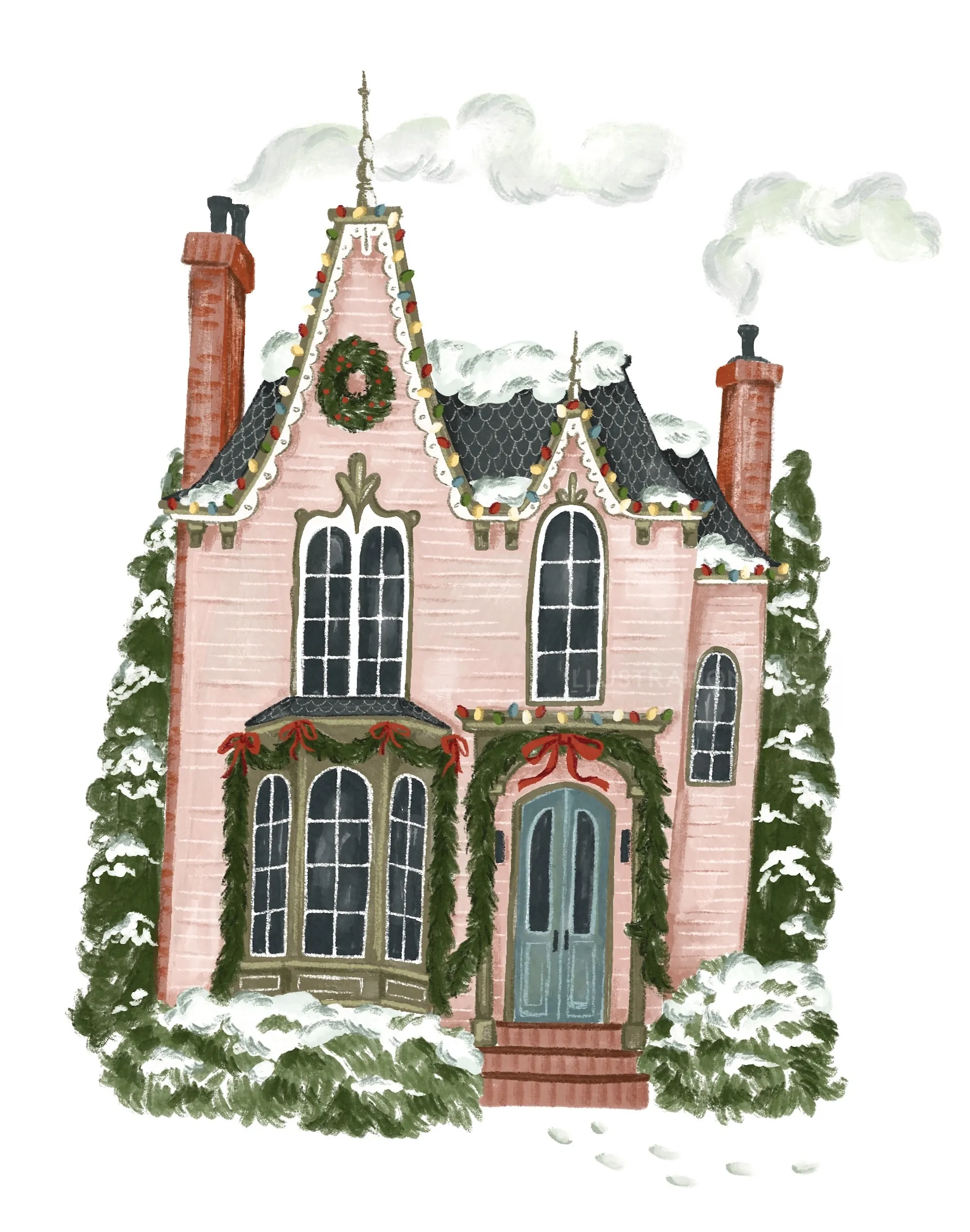 Victorian house with holiday decorations and snow by Fox and Fables