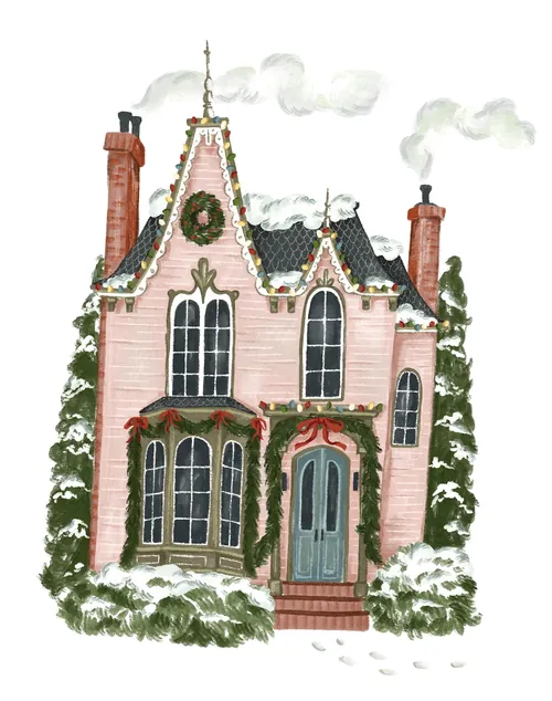 Victorian house with holiday decorations and snow by Fox and Fables