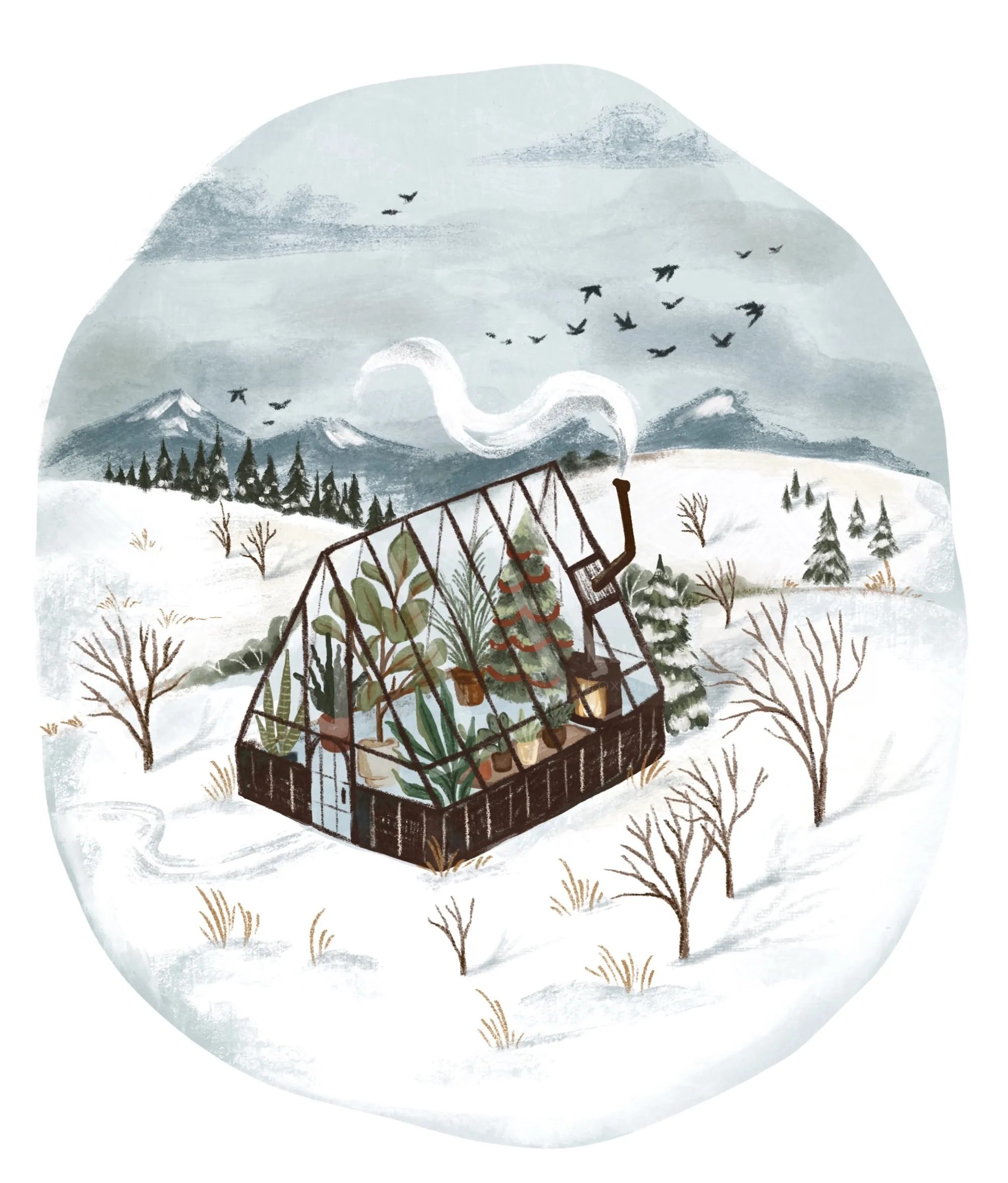 Winter landscape with a warm greenhouse surrounded by snow and bare trees by Fox and Fables