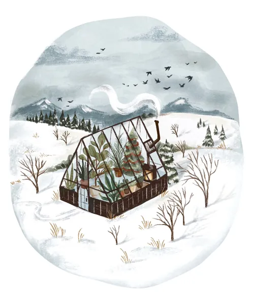 Winter landscape with a warm greenhouse surrounded by snow and bare trees by Fox and Fables