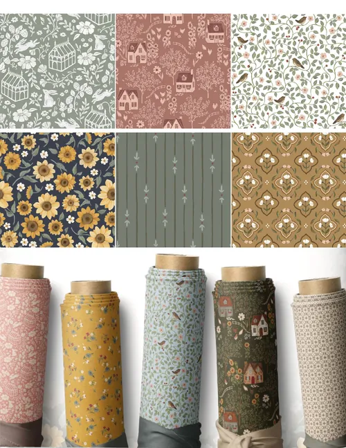 Variety of folk art and garden-themed fabric patterns by Fox and Fables