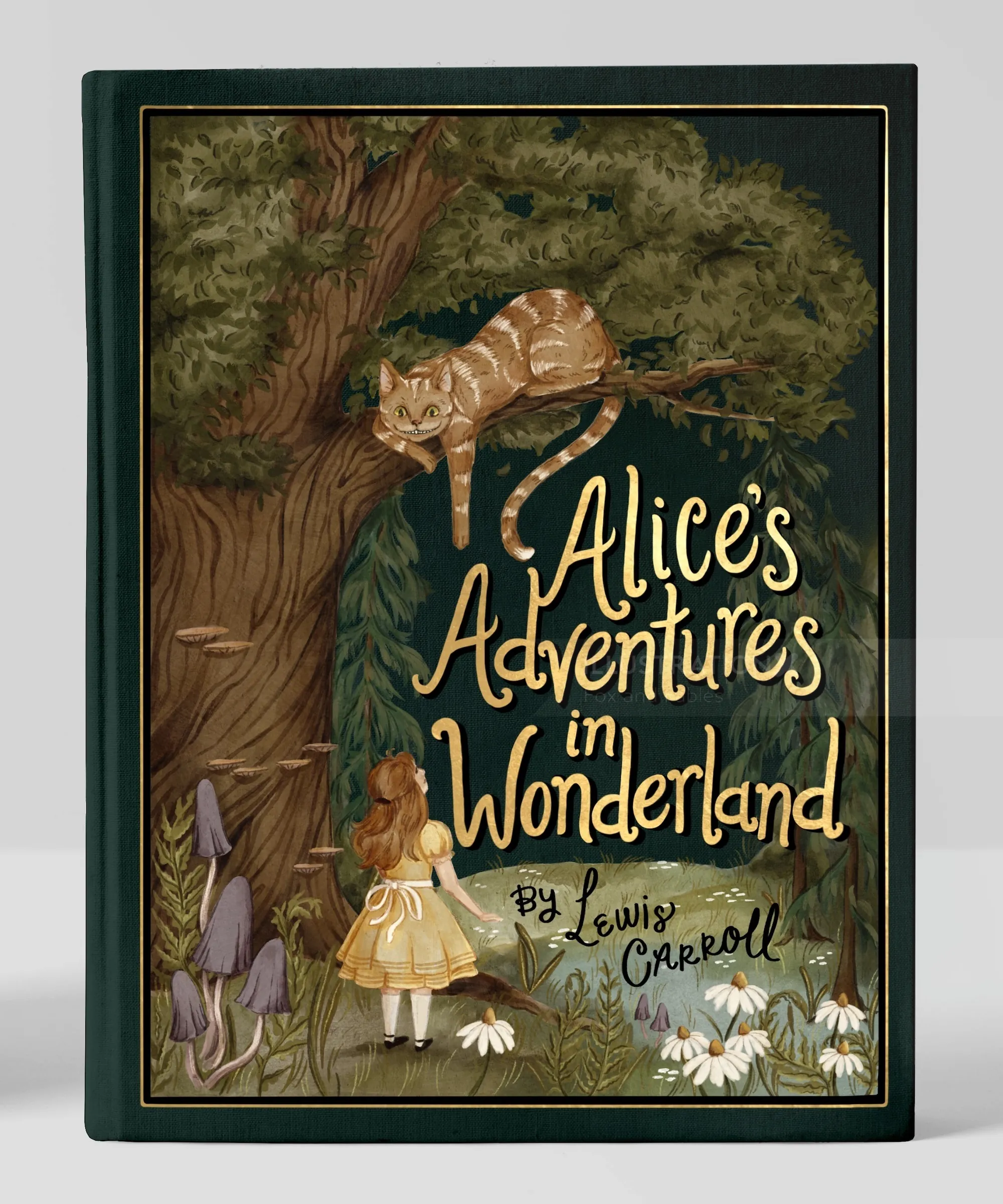 Watercolor book cover of Alice and Cheshire Cat by Fox and Fables