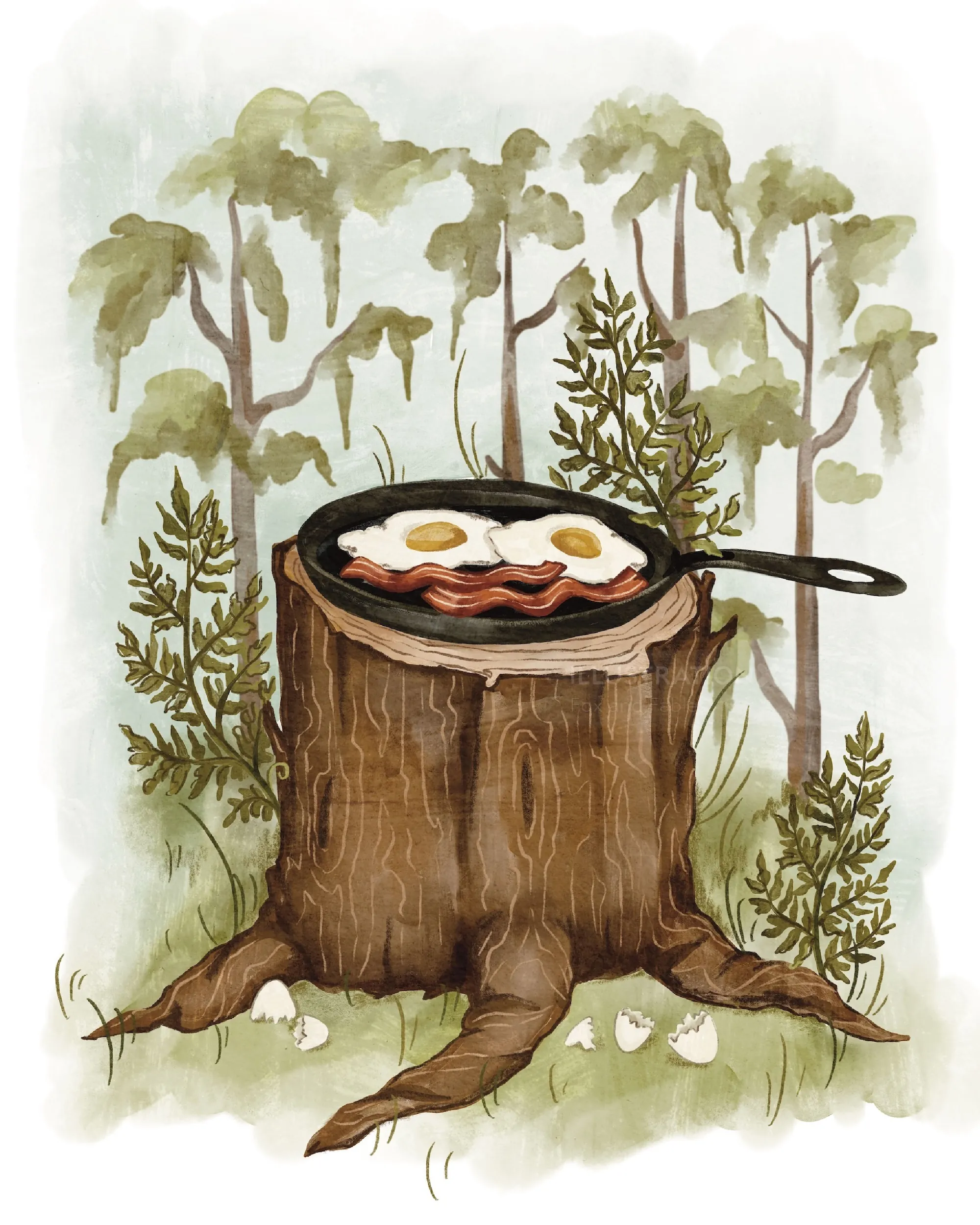 Fried eggs and bacon in skillet on tree stump, forest background by Fox and Fables