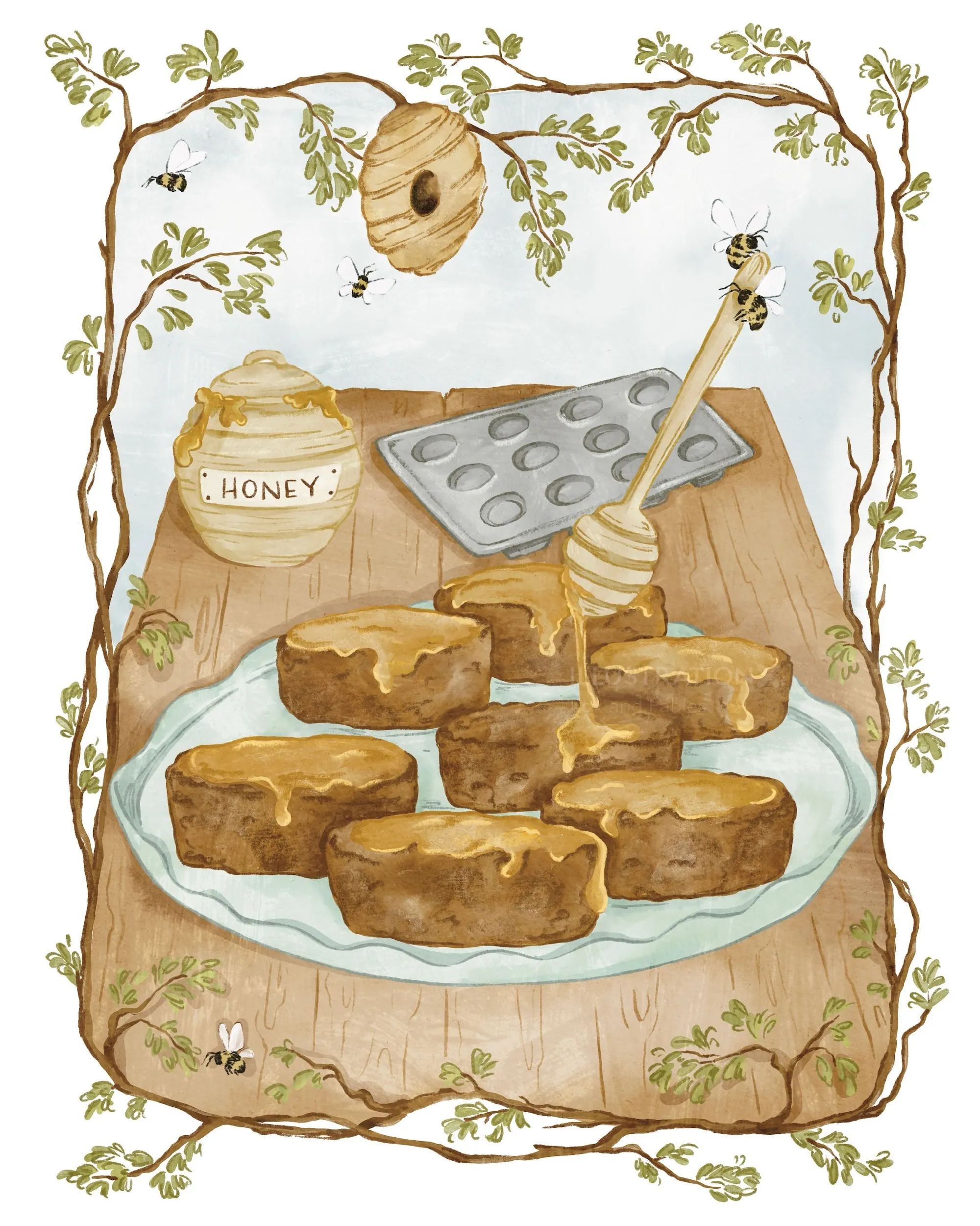 Honey cakes on plate with honey jar, dipper, and bee hive by Fox and Fables