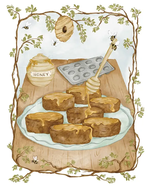 Honey cakes on plate with honey jar, dipper, and bee hive by Fox and Fables