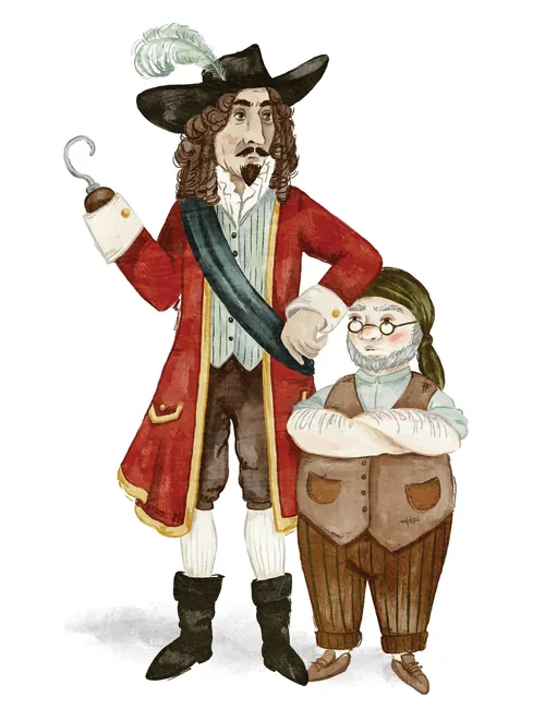 Illustration of Captain Hook with hook hand and Smee with glasses and vest by Fox and Fables