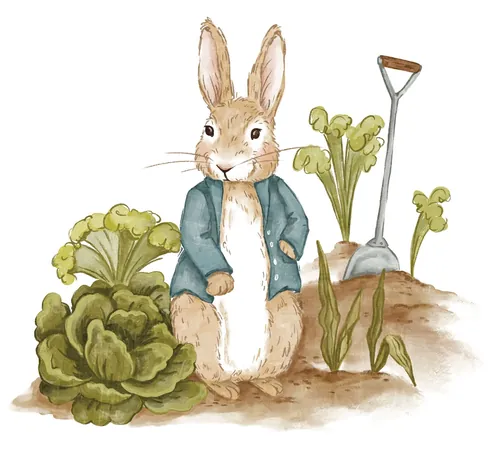 Peter Rabbit standing near lettuce and shovel garden scene by Fox and Fables