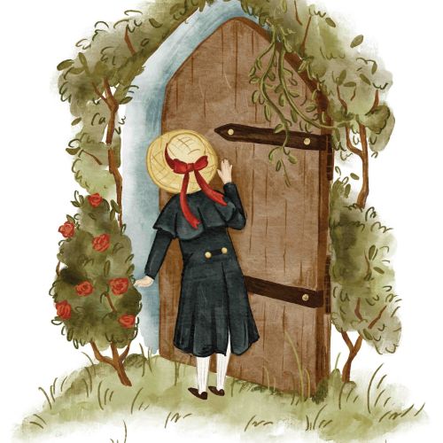 Illustration of girl peeking through garden door by Fox and Fables