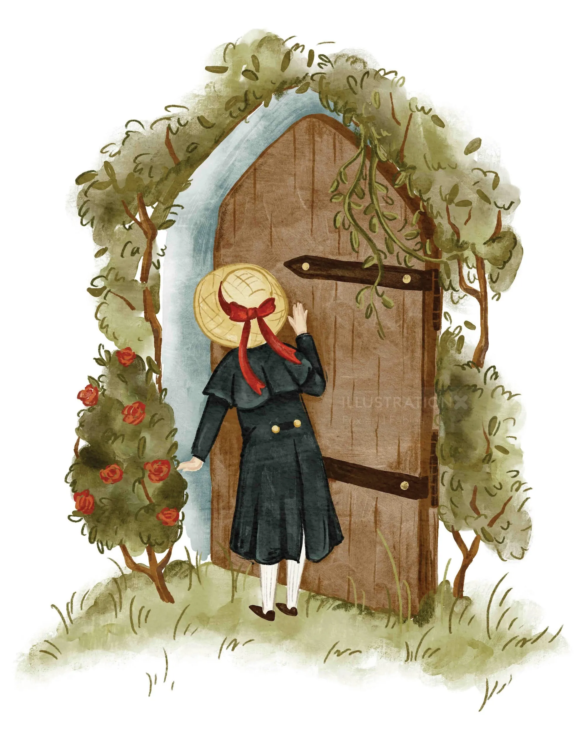 Illustration of girl peeking through garden door by Fox and Fables