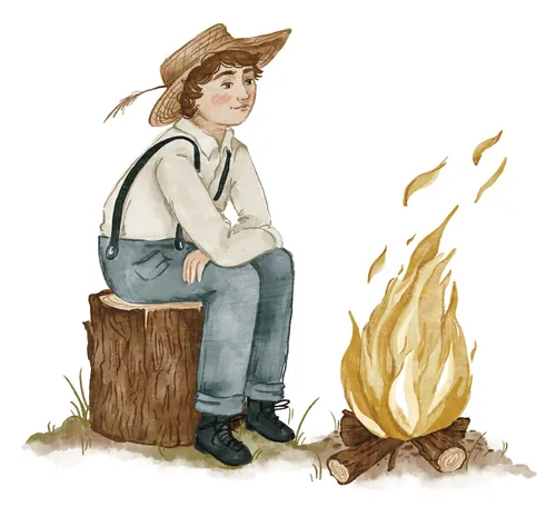 Tom Sawyer sitting on log by campfire, illustration by Fox and Fables