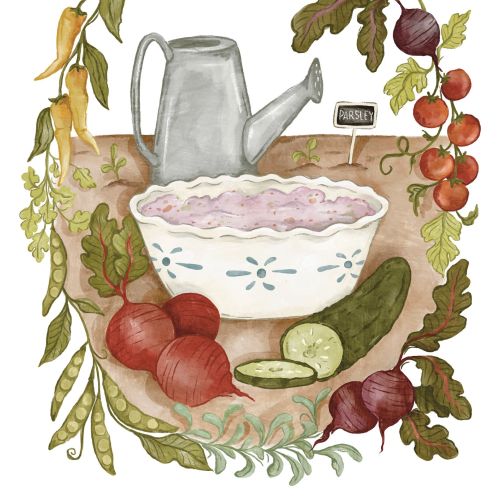 Illustration of vegetable patch dip with fresh vegetables and watering can by Fox and Fables