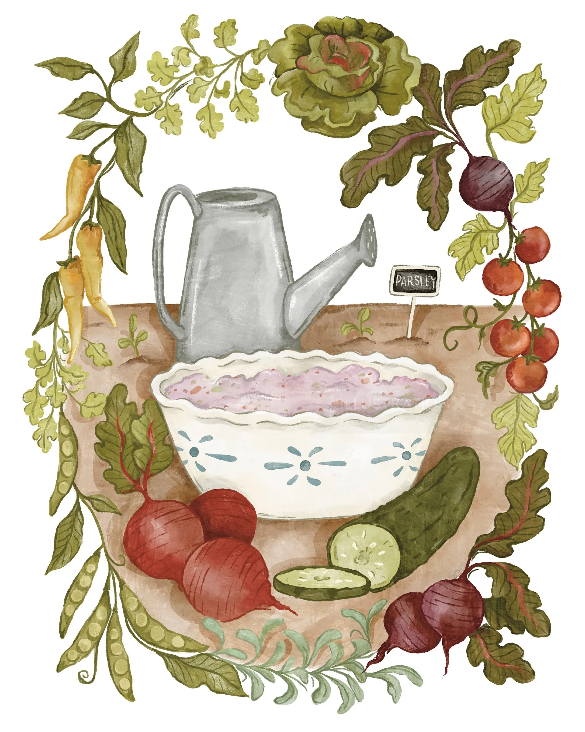 Illustration of vegetable patch dip with fresh vegetables and watering can by Fox and Fables