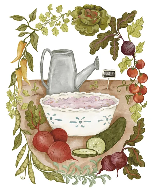 Illustration of vegetable patch dip with fresh vegetables and watering can by Fox and Fables