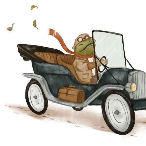 Frog character driving vintage car, illustrated by Fox and Fables