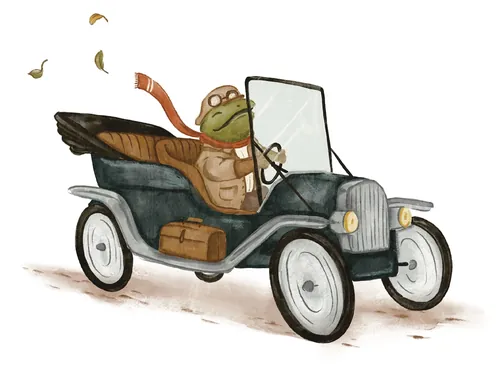 Frog character driving vintage car, illustrated by Fox and Fables