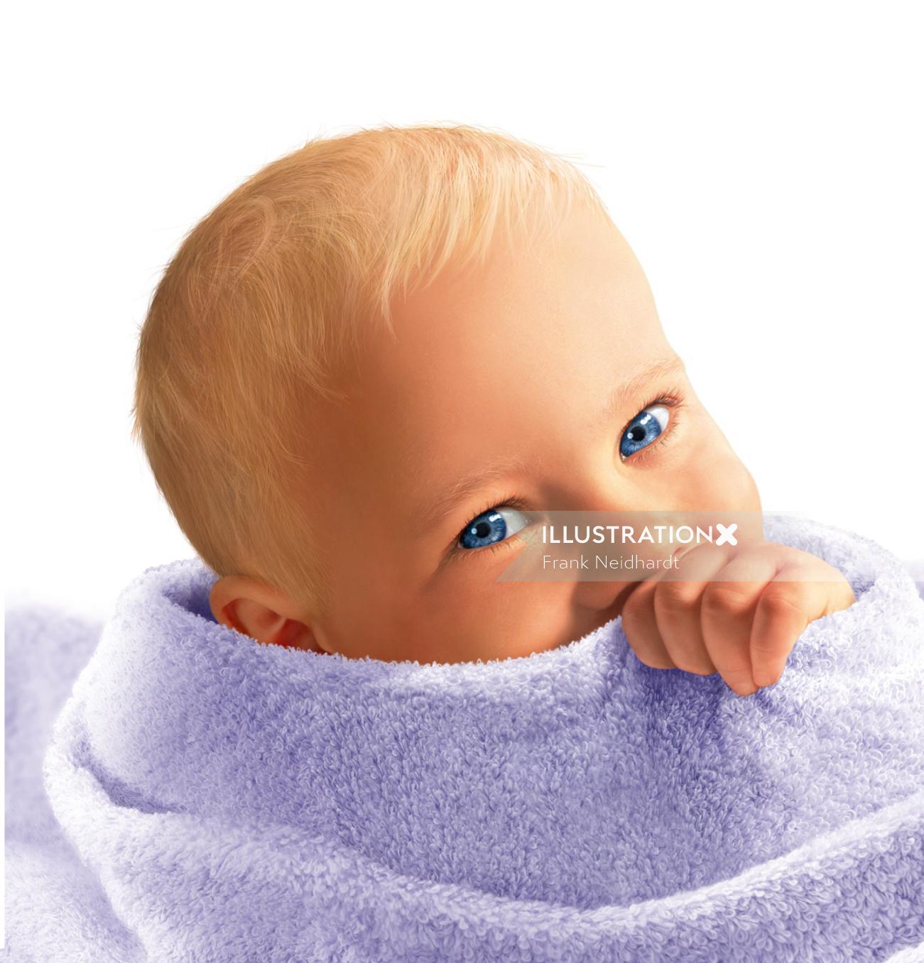 Bebê de olhos azuis embrulhado na toalha