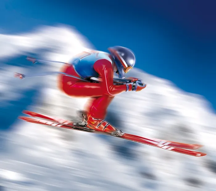 Skier in red suit and helmet speeding downhill, artwork by Frank Neidhardt