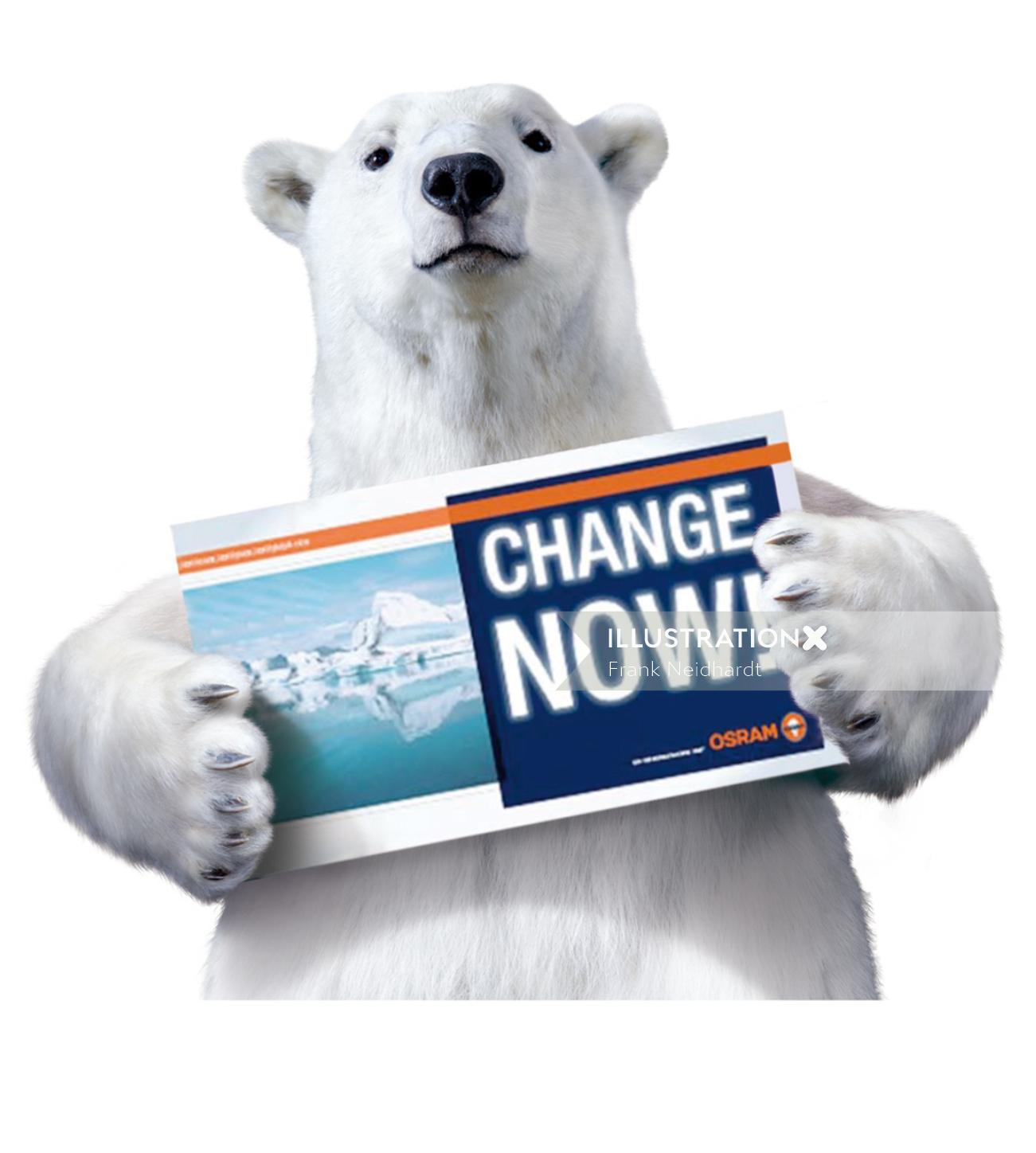 Urso polar com placa de sinal