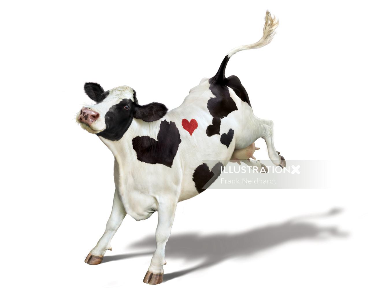 Vaca feliz com o símbolo do coração
