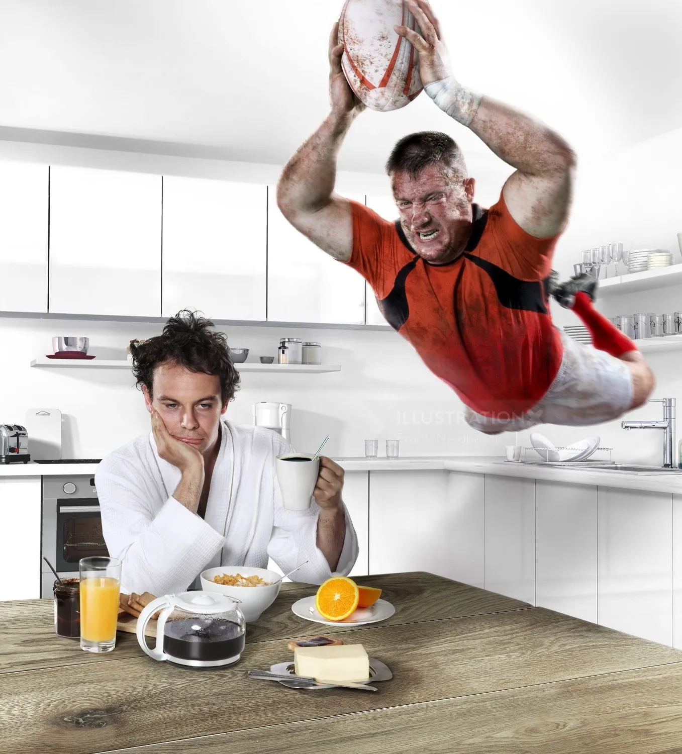 Rugby player diving mid-air over man eating breakfast in kitchen by Frank Neidhardt