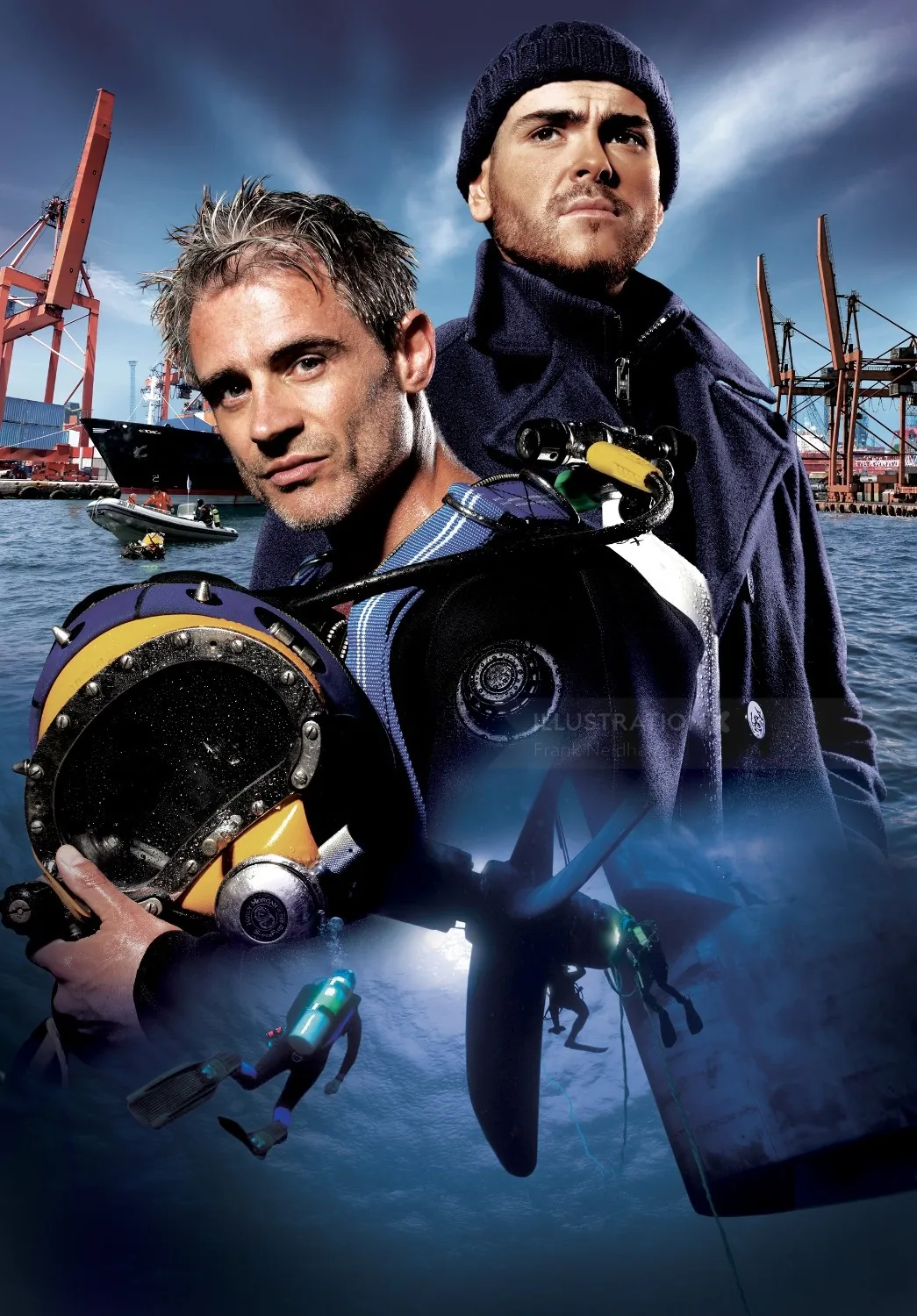 Two divers wearing wetsuits and underwater equipment near harbor cranes by Frank Neidhardt