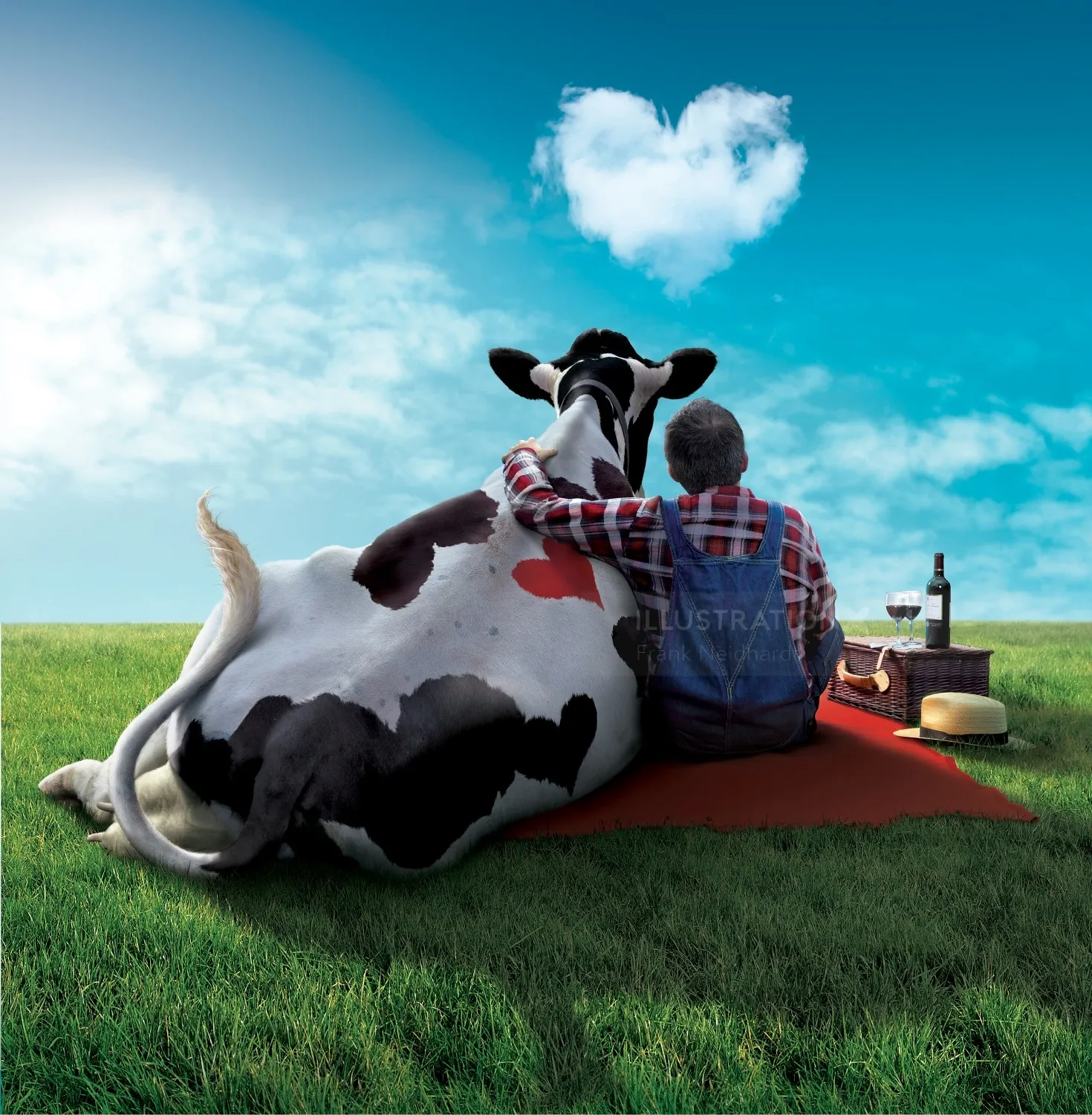 Man in overalls and cow sitting on grass with heart-shaped cloud by Frank Neidhardt
