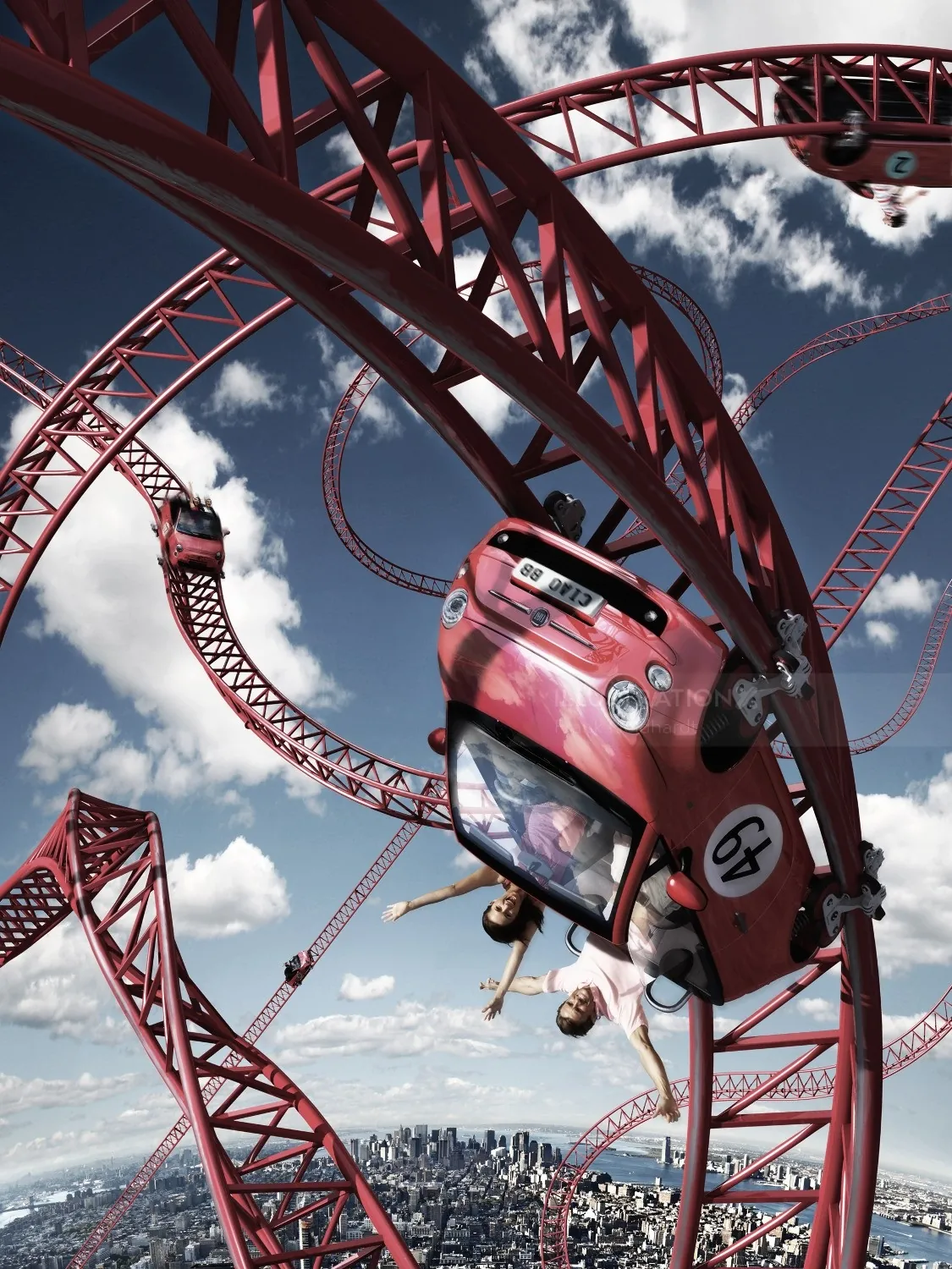 Red car on twisting rollercoaster track above city by Frank Neidhardt