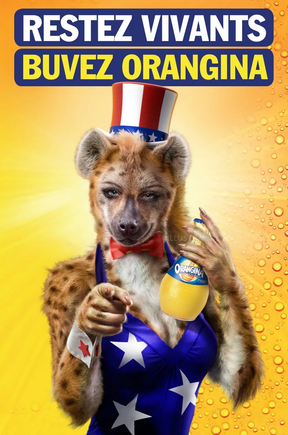 Hyena in patriotic costume holding Orangina bottle by Frank Neidhardt