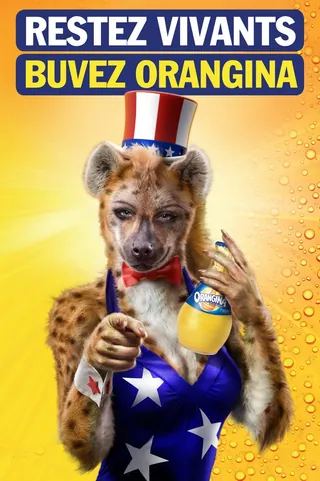 Hyena in patriotic costume holding Orangina bottle by Frank Neidhardt