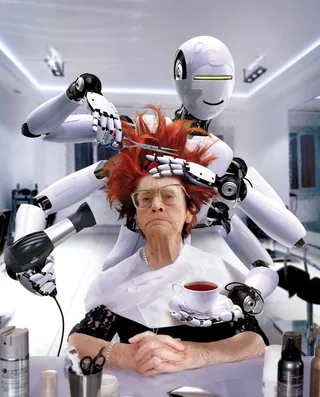 Robot styling elderly woman's hair while holding a cup of tea by Frank Neidhardt