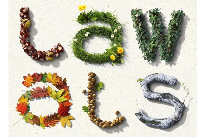 Word 'lawals' formed with leaves, nuts, and flowers by Frank Neidhardt