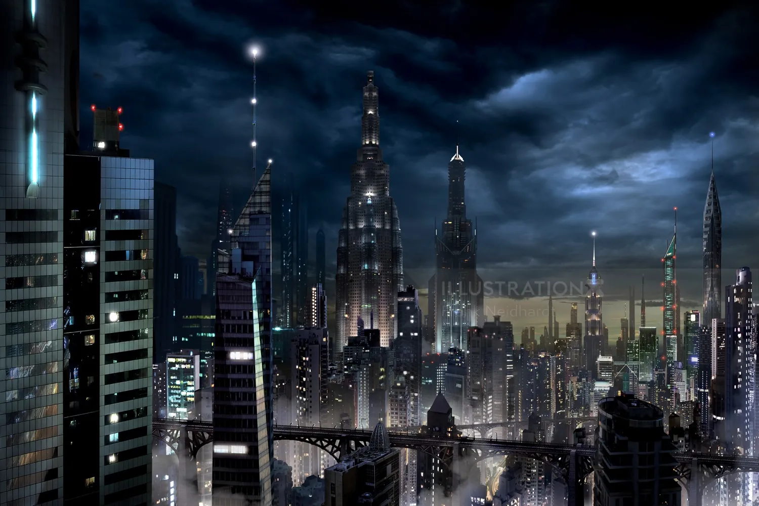 Futuristic city skyline at night with illuminated skyscrapers by Frank Neidhardt