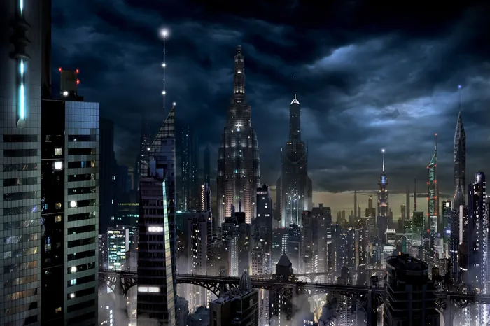Futuristic city skyline at night with illuminated skyscrapers by Frank Neidhardt