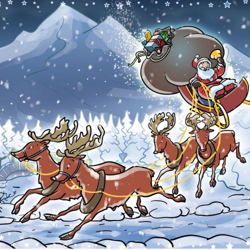 Fantasy illustration of Santa with reindeers
