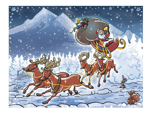 Fantasy illustration of Santa with reindeers
