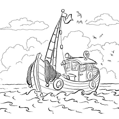 black and white illustration of fishing boat
