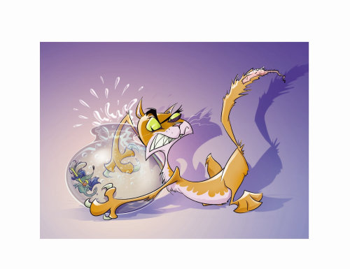 cartoon illustration of cat chases mouse
