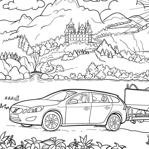 Line art of car near castle
