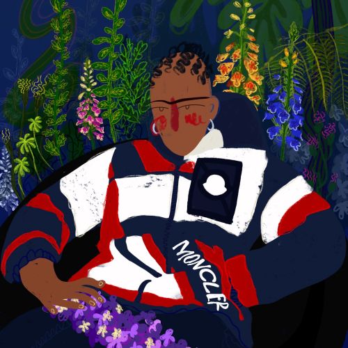 Illustration of Shaquille-Aaron Keith wearing moncler company dress