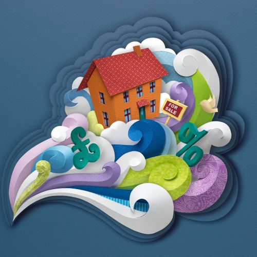 Editorial illustration of House for sale in the storm of the housing market