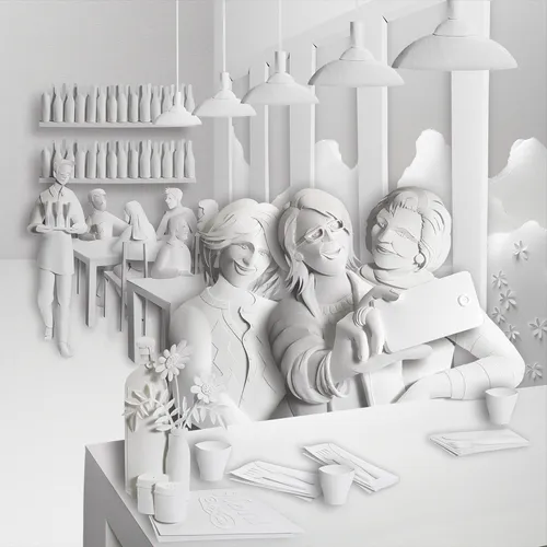 3D-Illustration von Damen, die beim Mittagessen Selfies machen.