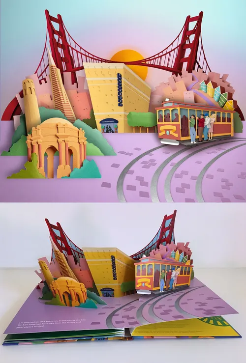 Papierbilder, die San Francisco bei Sonnenuntergang zeigen