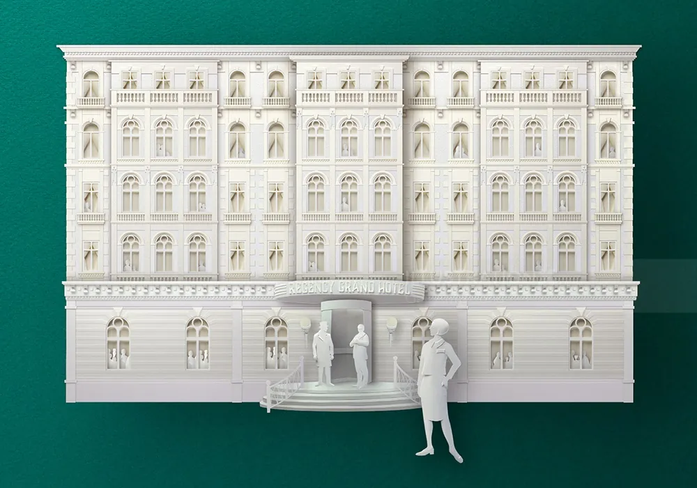 Detailed white multi-story building facade with figures in front by Gail Armstrong