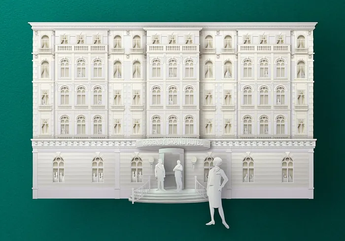Detailed white multi-story building facade with figures in front by Gail Armstrong